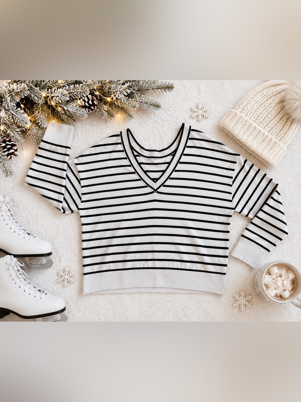 Express Black White Striped V Neck Long Sleeve Top Size L
